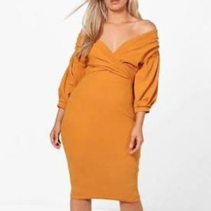 Boohoo mustard yellow midi bodycon dress
